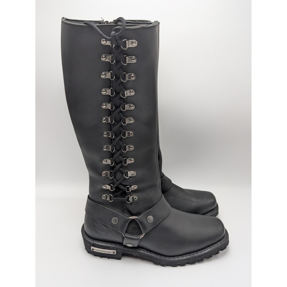 Milwaukee Leather Boots Womens 9 Black MBL9365 Tall Biker Harness Lace Up Moto
